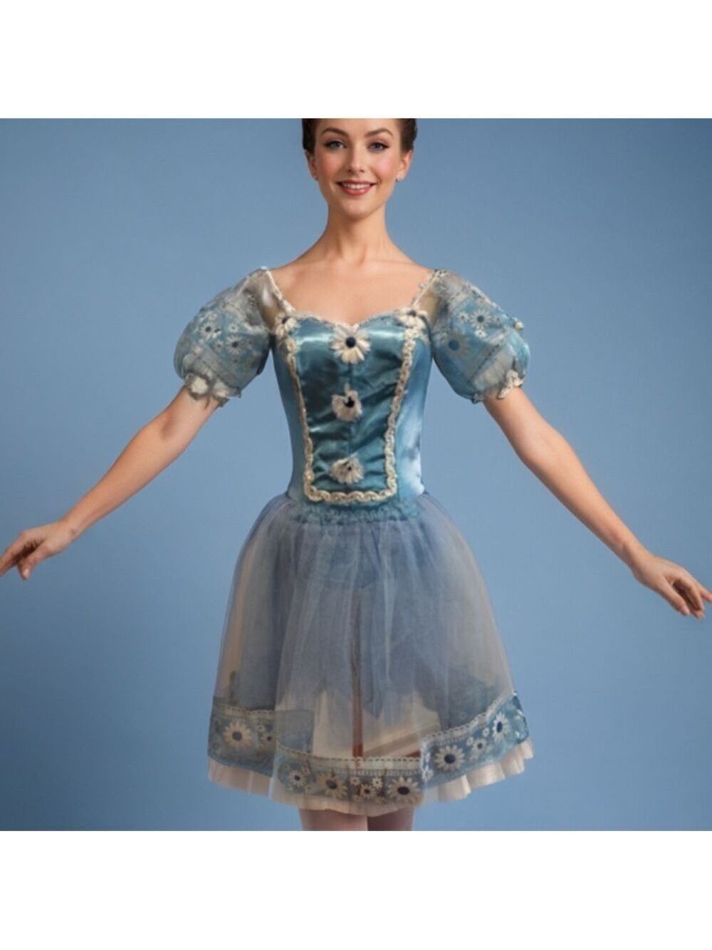60s ARTISTI BETHESDA TUTU COSTUME BLUE DAISY FLORAL & SEQUIN BALLETCORE M-L